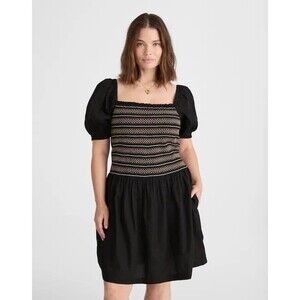 Madewell Poplin Puff Sleeve Mini Dress Black Embroidered Smocked Cottagecore M